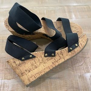 ESPIRIT black espadrille platform slide on wedge cork heel shoes
